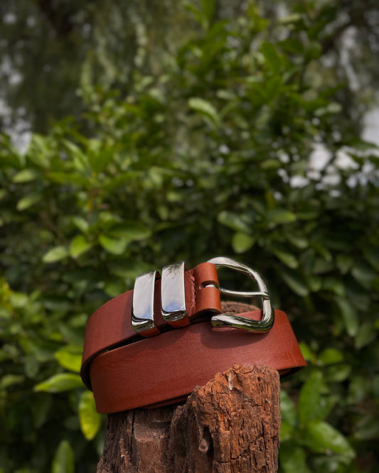 Brown leather belt with silver buckle on a wooden stump against a blurred green leafy background