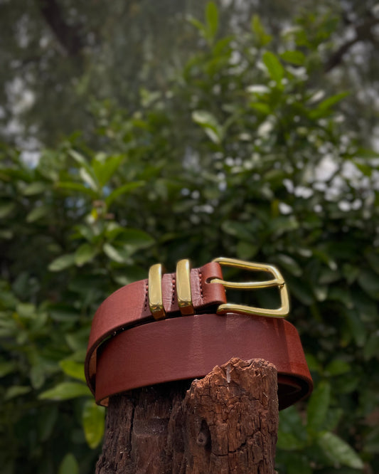 Brown leather belt with gold buckle on a wooden stump against a blurred green foliage background