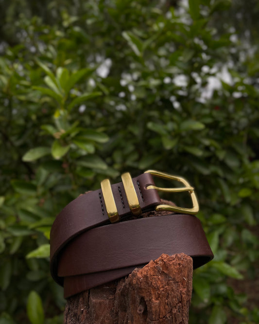 Brown leather belt with a gold buckle on a wooden log against a green leafy background