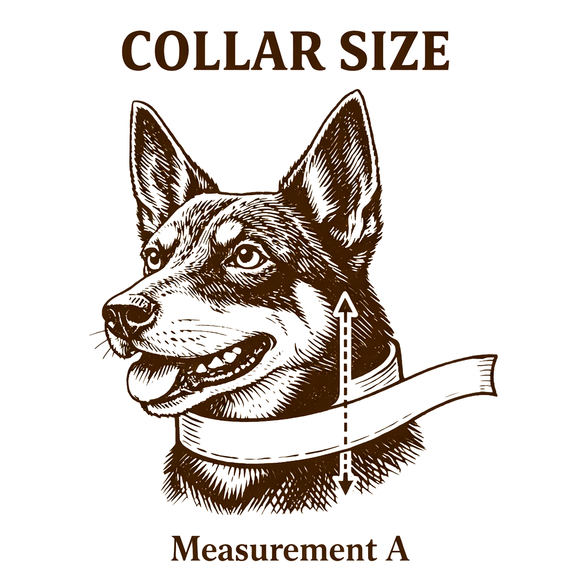 Illustration of a dog with a collar size measurement guide on a white background
