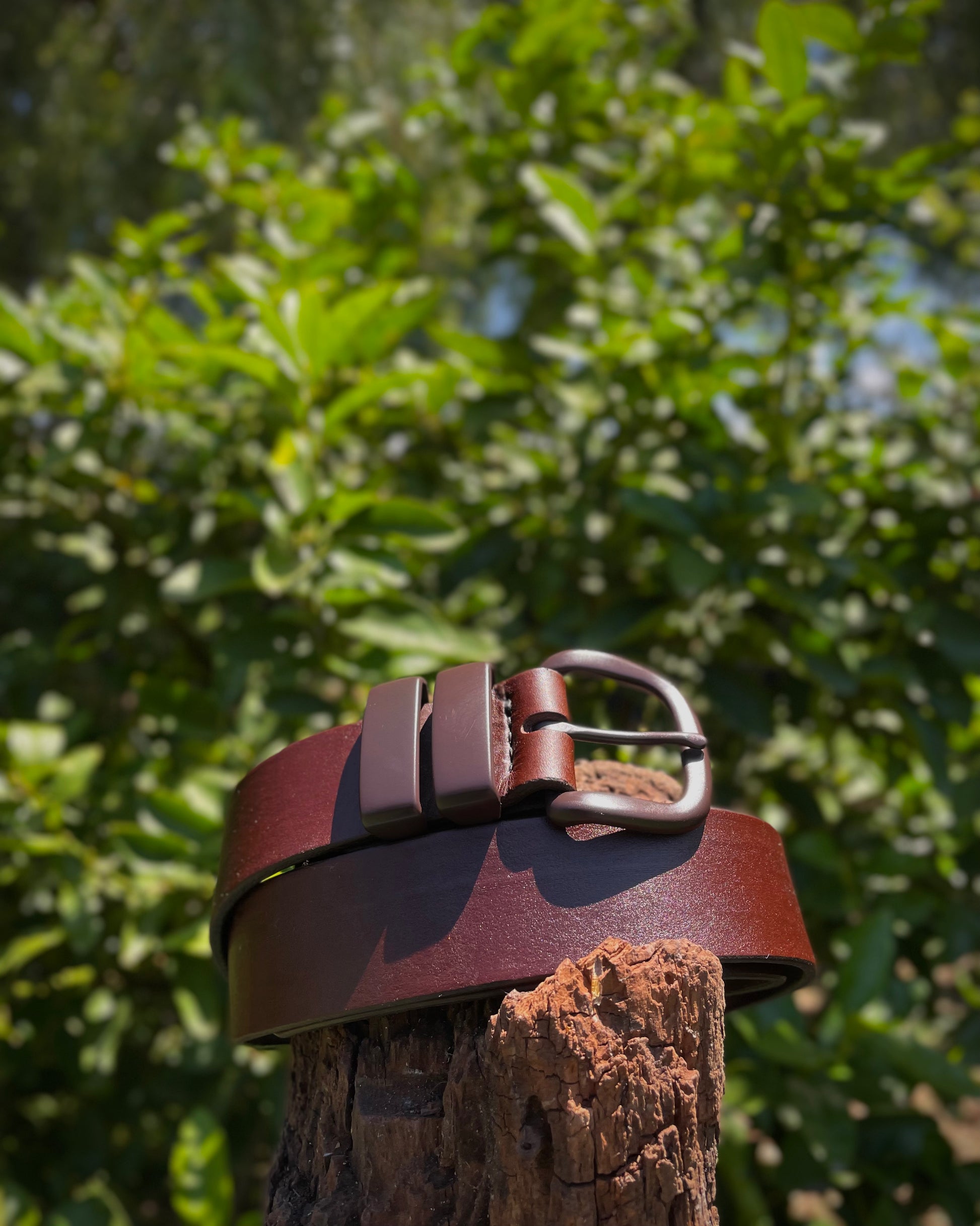 Brown leather belt on a wooden post with a blurred green foliage background