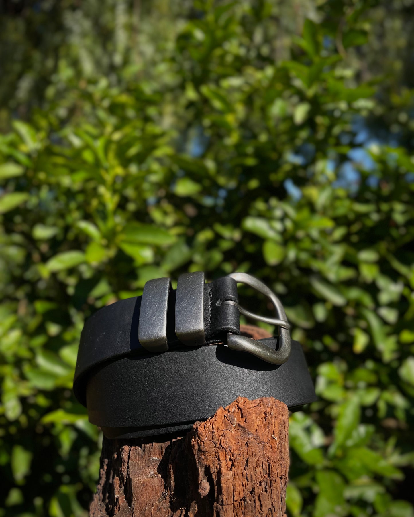 Black leather belt on a wooden post with a blurred green foliage background