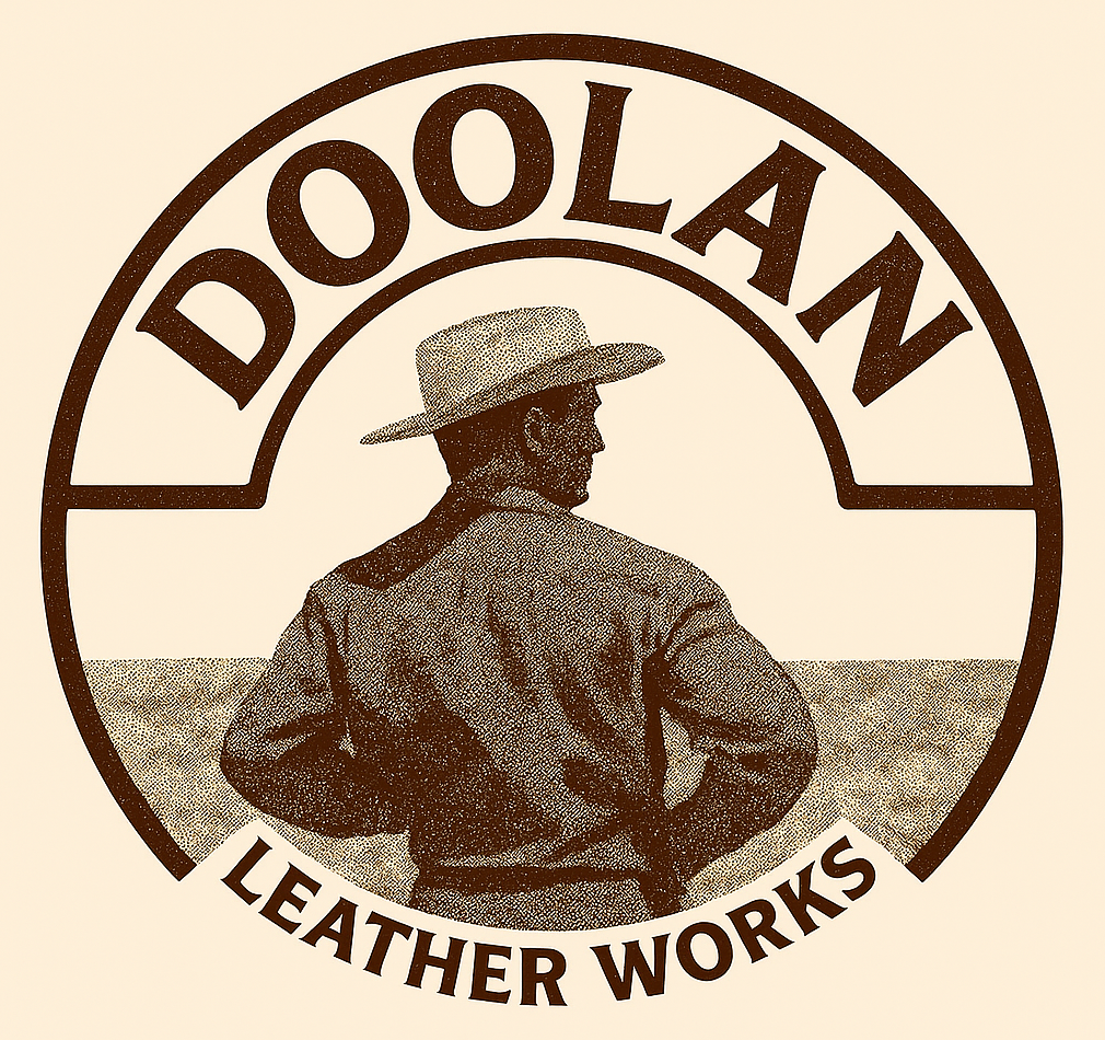 Logo of Doolan Leather Works with a silhouette of a person wearing a cowboy hat and work shirt.