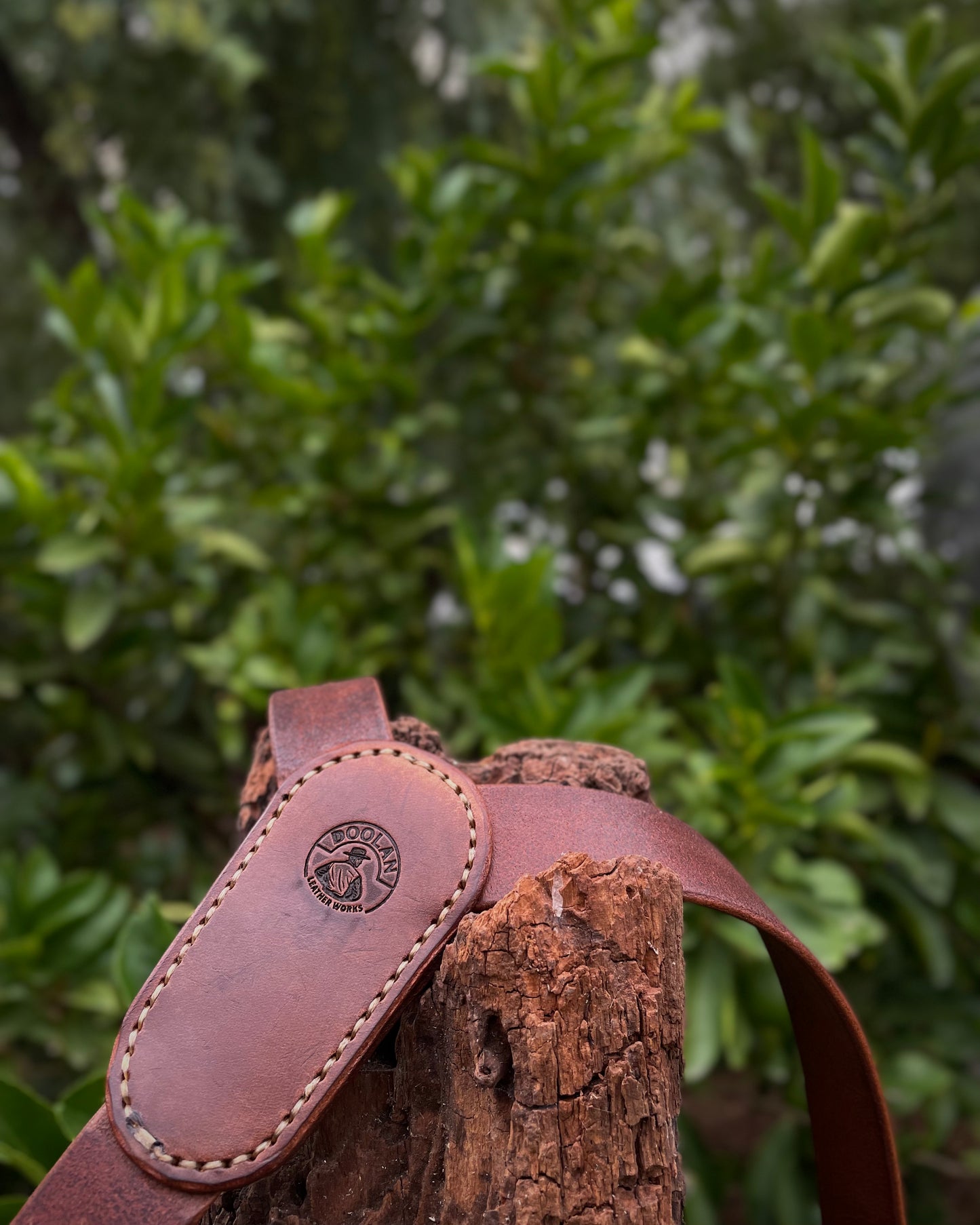 Brown leather suspenders with a brand logo on a wooden post against a green leafy background