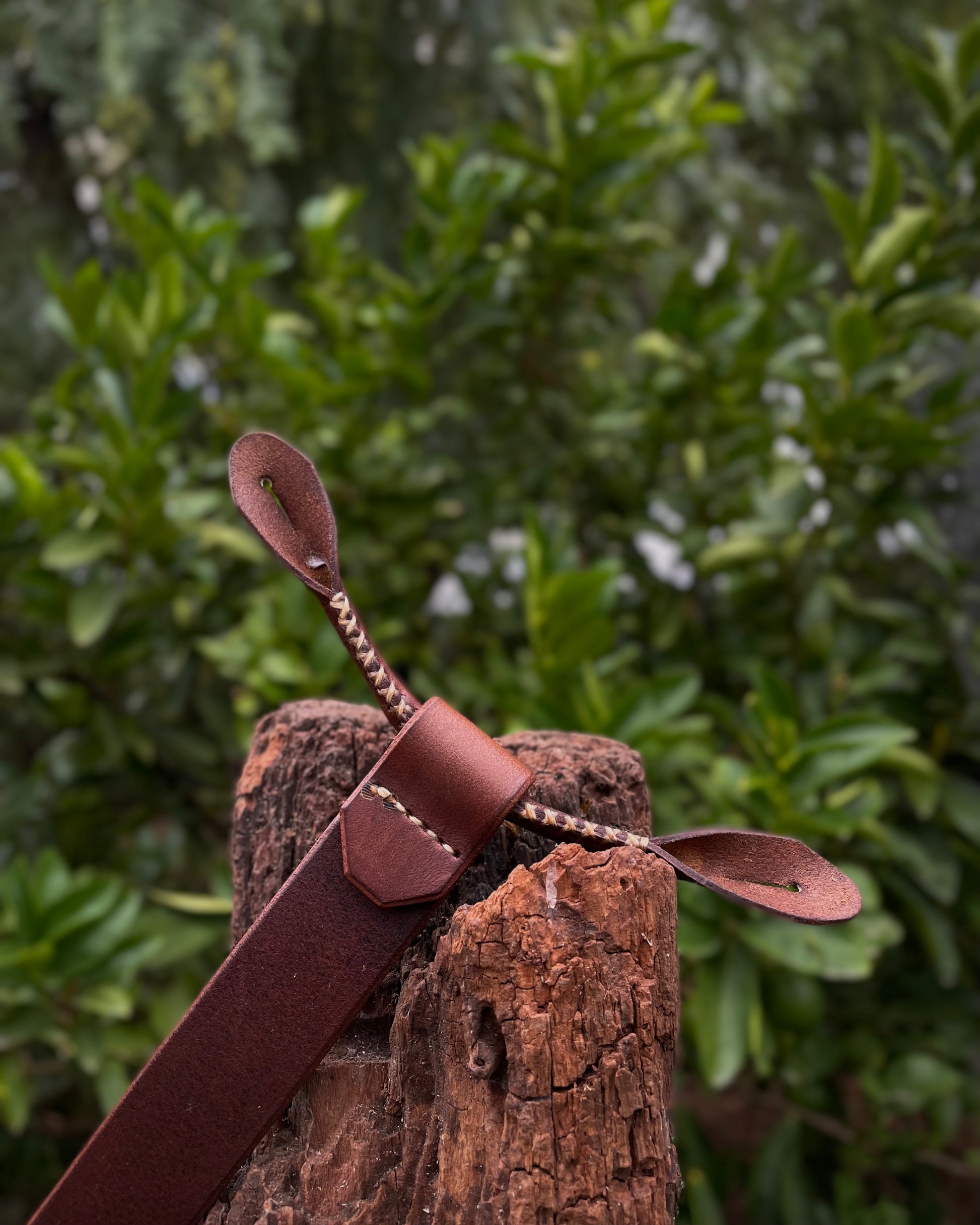 Brown leather suspenders with decorative elements on a wooden post against a green leafy background