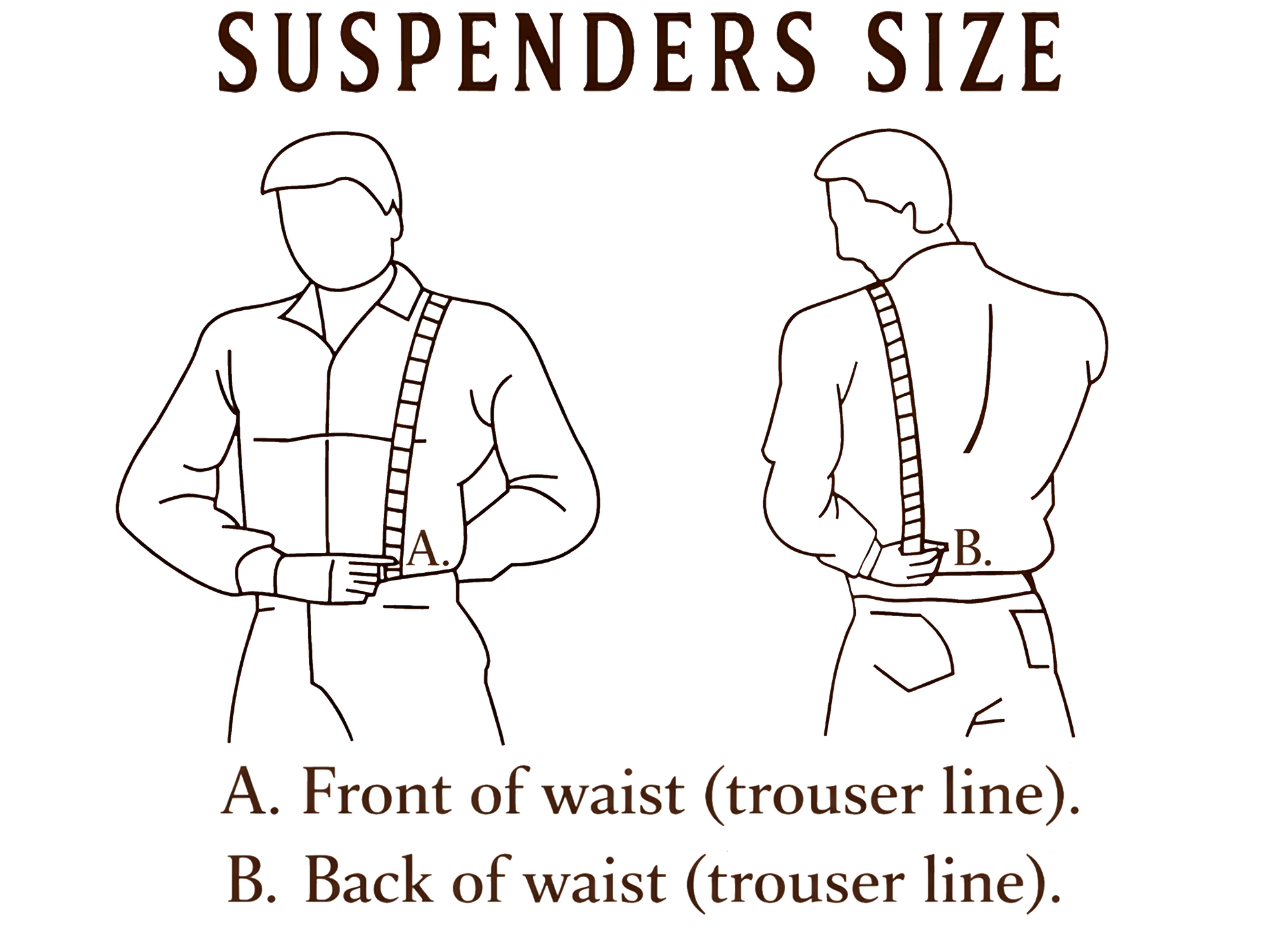 Diagram showing how to measure suspenders size with labels on a white background